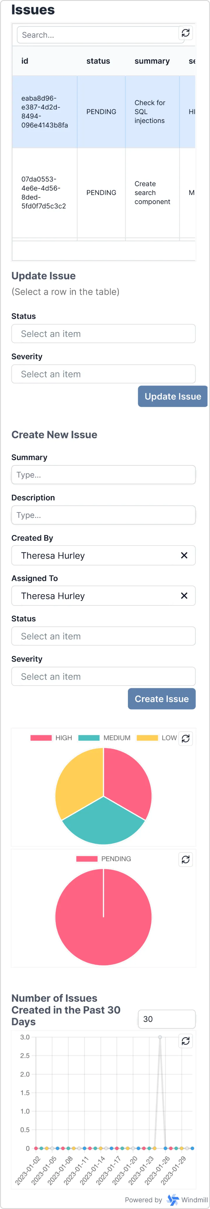 Mobile layout of the issue tracker app